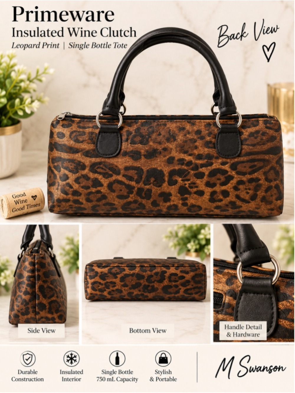 NEW Primeware Leopard Print Insulated Wine Clutch Single Bottle Tote NWOT - Picture 5 of 6